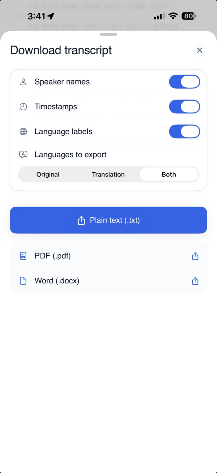 Download transcript sheet on iPhone with speaker names, timestamps, and language labels turned on, offering plain text, PDF, and Word